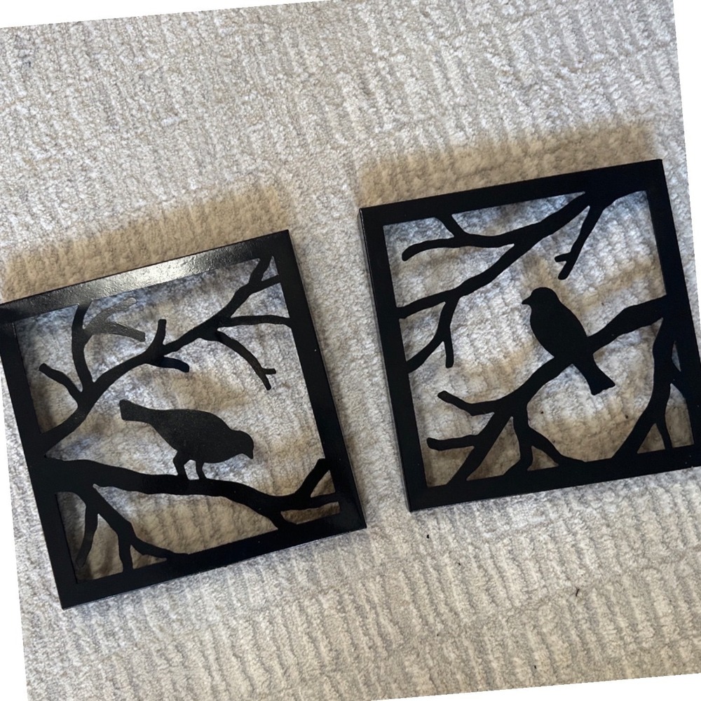Set of 2 Black Metal‎ Bird on Branch Silhouette Wall Art Square Frames 10in